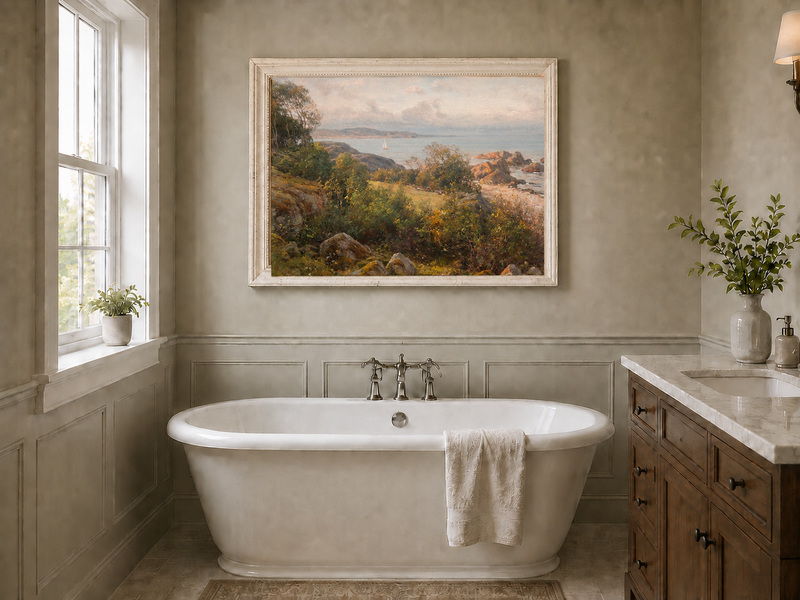 Landscape Oil Painting - Rocky Coastal Hillside Sailboat