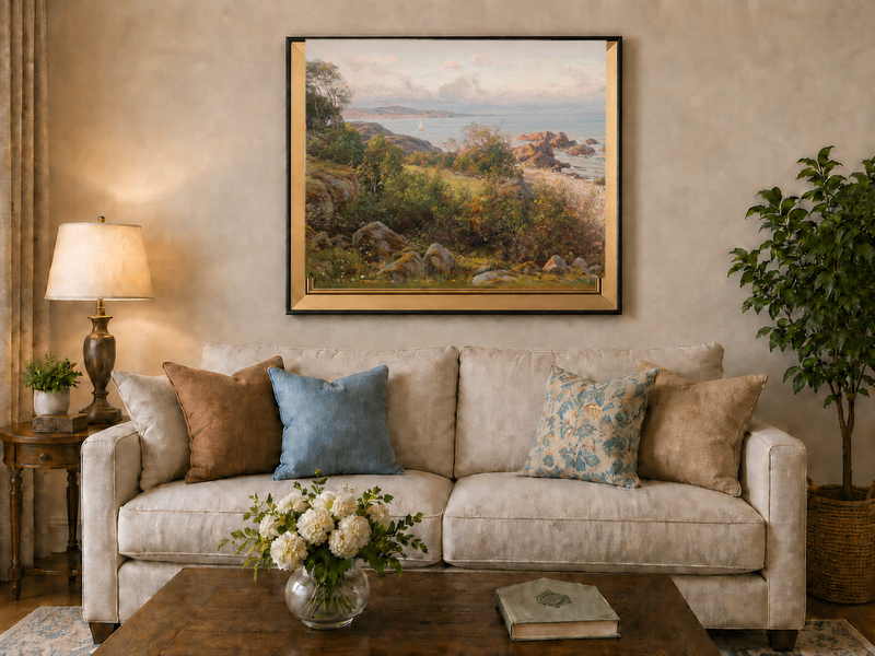 Landscape Oil Painting - Rocky Coastal Hillside Sailboat