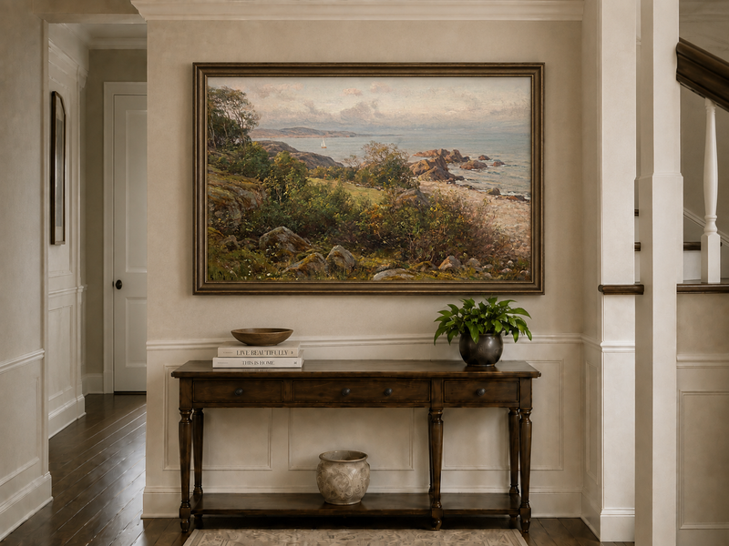 Landscape Oil Painting - Rocky Coastal Hillside Sailboat