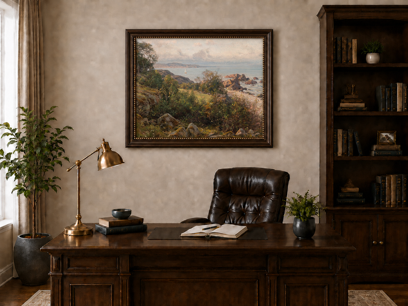Landscape Oil Painting - Rocky Coastal Hillside Sailboat