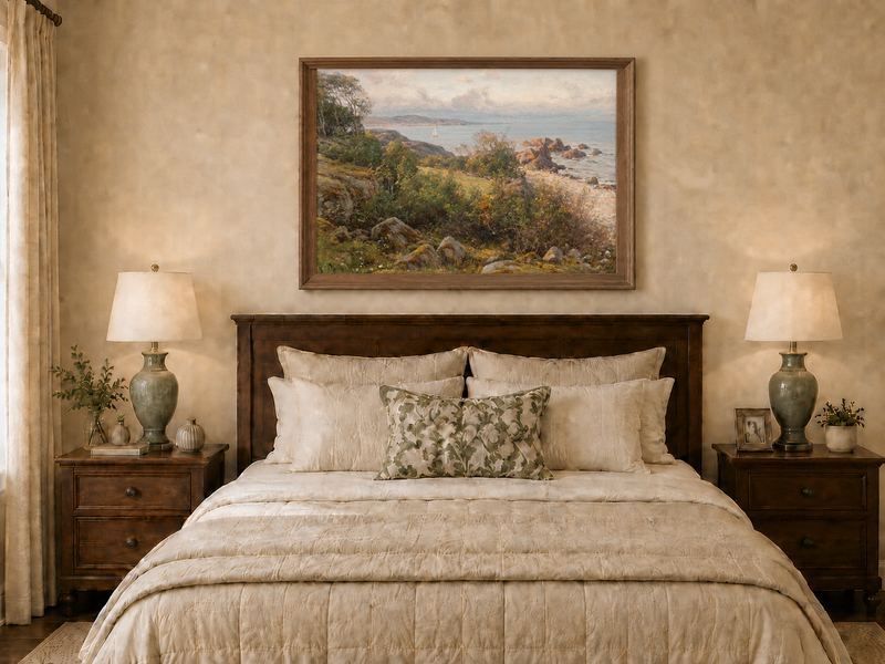 Landscape Oil Painting - Rocky Coastal Hillside Sailboat