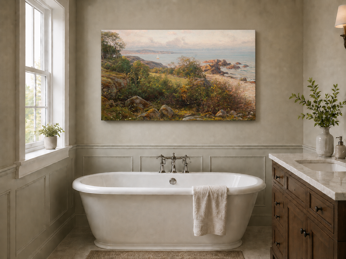 Landscape Oil Painting - Rocky Coastal Hillside Sailboat