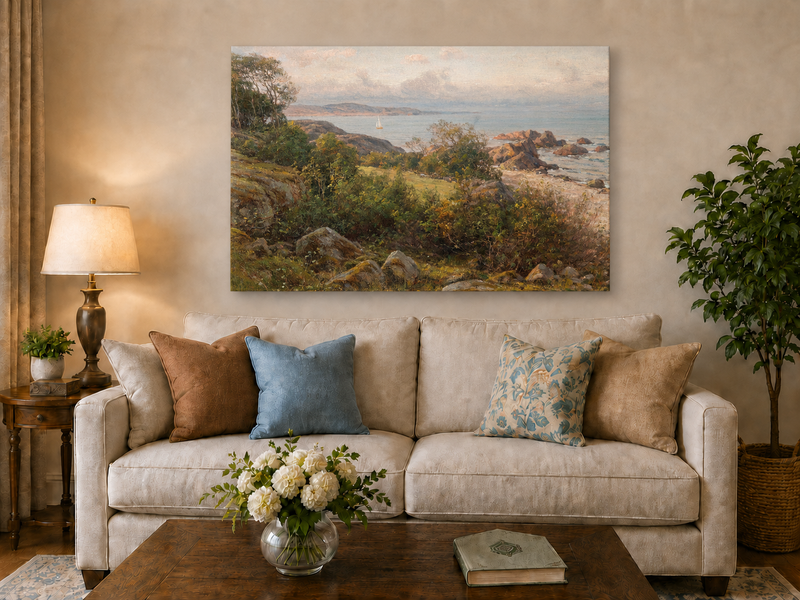 Landscape Oil Painting - Rocky Coastal Hillside Sailboat