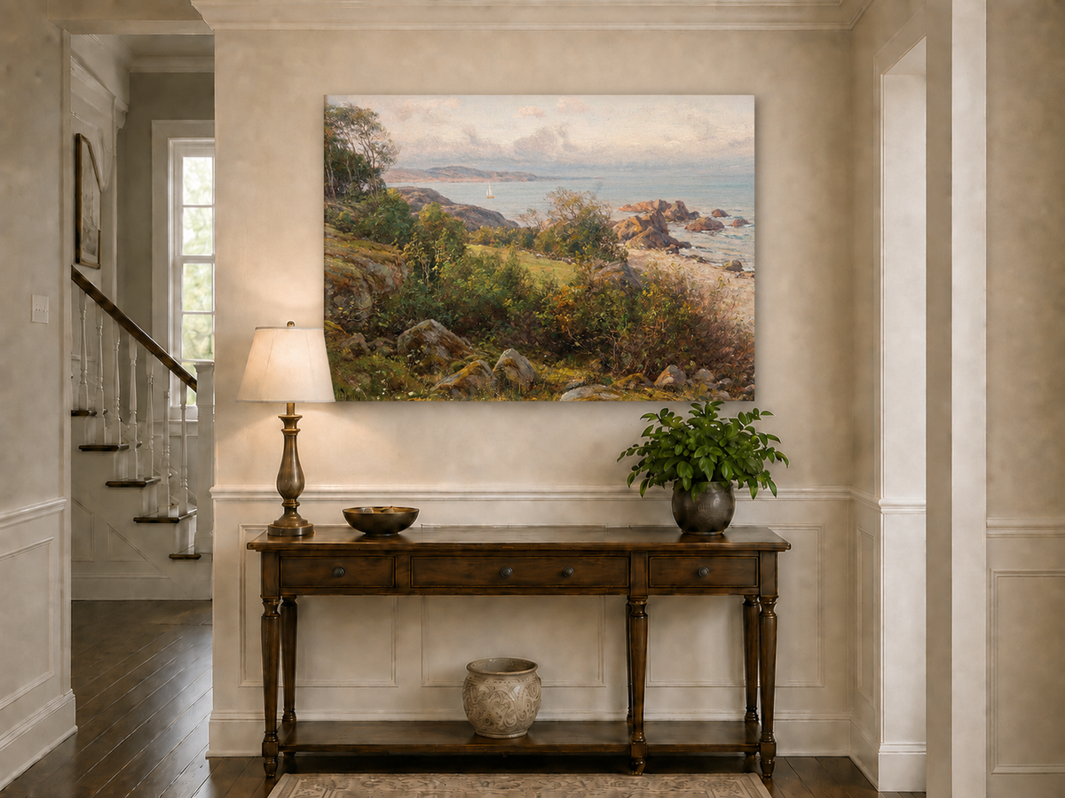 Landscape Oil Painting - Rocky Coastal Hillside Sailboat