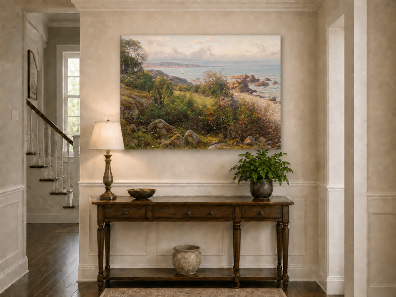 Landscape Oil Painting - Rocky Coastal Hillside Sailboat
