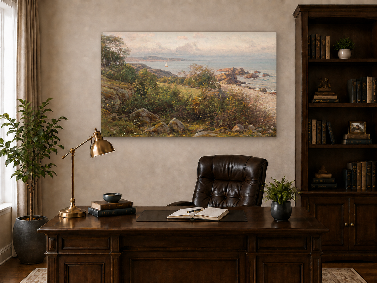 Landscape Oil Painting - Rocky Coastal Hillside Sailboat