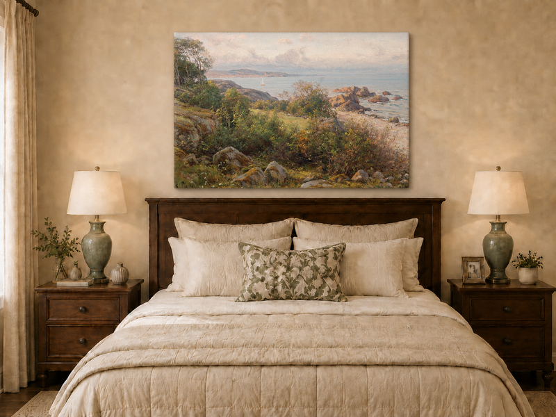 Landscape Oil Painting - Rocky Coastal Hillside Sailboat
