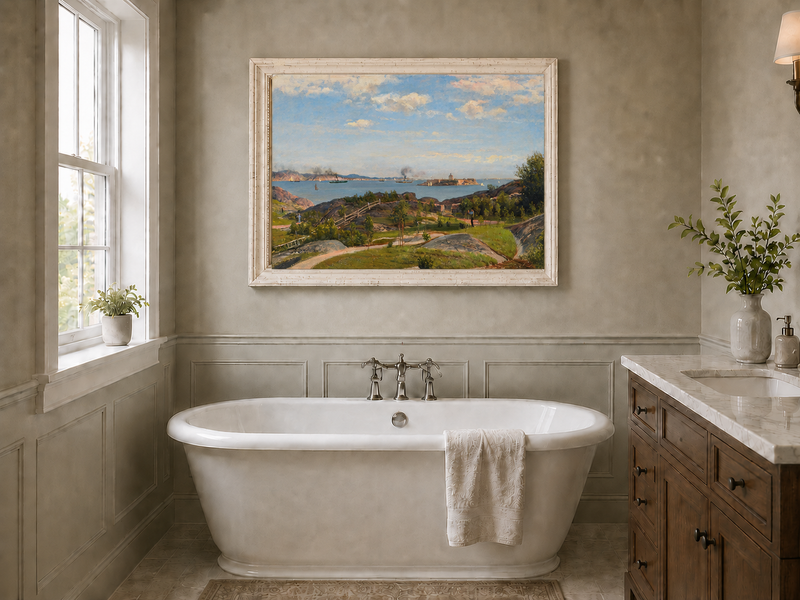 Landscape Oil Painting - Coastal Bay, Ships, Island