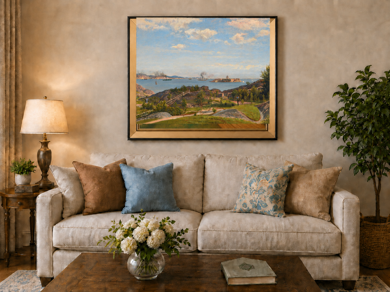 Landscape Oil Painting - Coastal Bay, Ships, Island