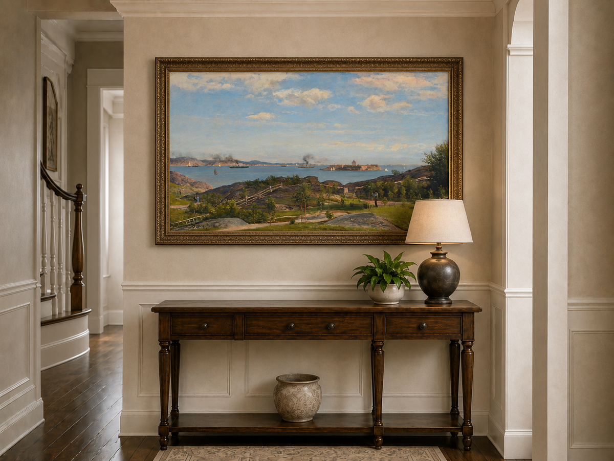 Landscape Oil Painting - Coastal Bay, Ships, Island