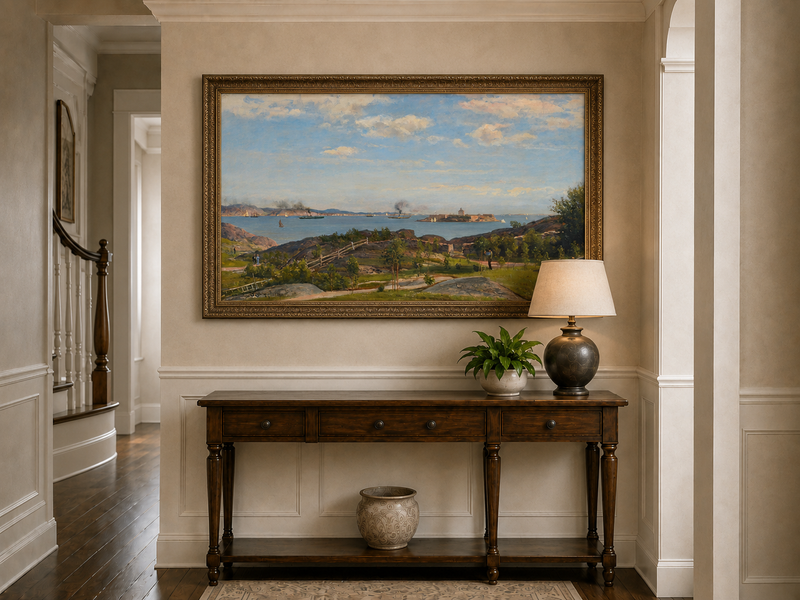 Landscape Oil Painting - Coastal Bay, Ships, Island