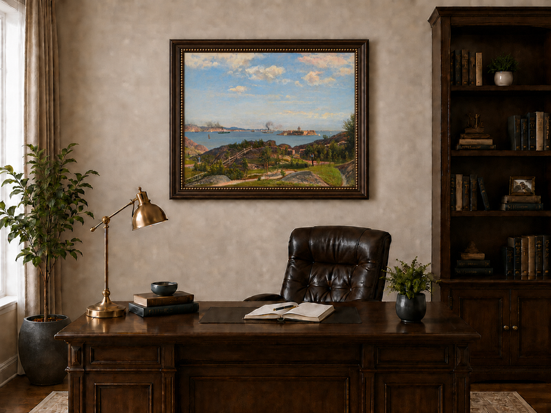 Landscape Oil Painting - Coastal Bay, Ships, Island