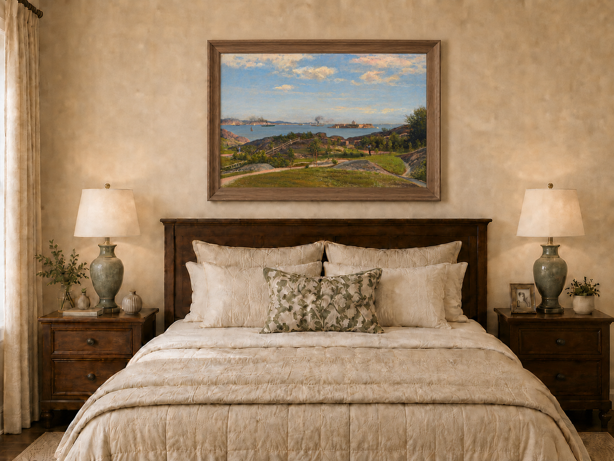 Landscape Oil Painting - Coastal Bay, Ships, Island