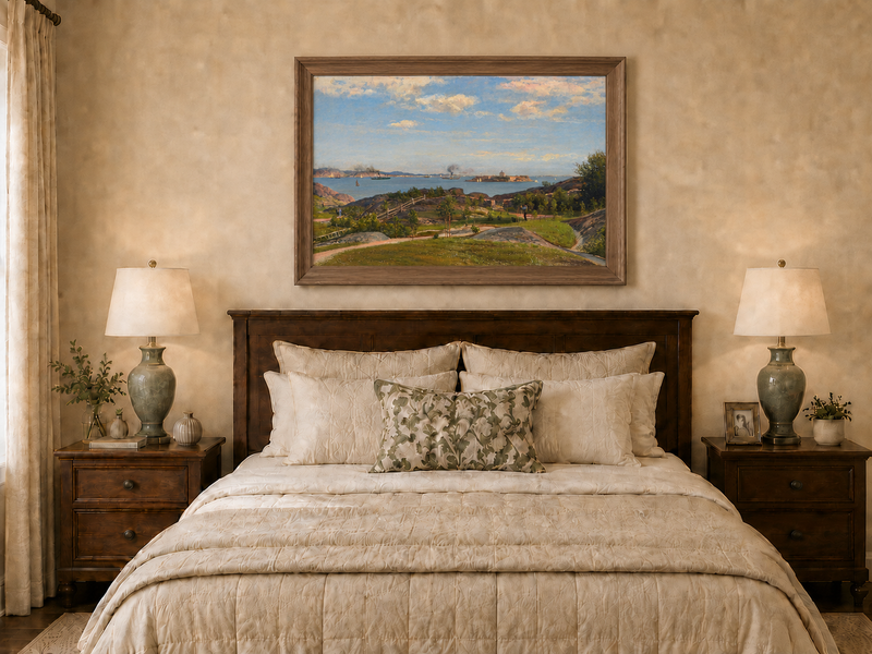 Landscape Oil Painting - Coastal Bay, Ships, Island