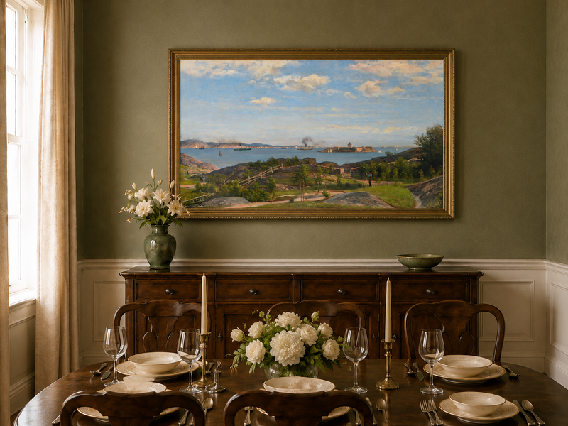 Landscape Oil Painting - Coastal Bay, Ships, Island