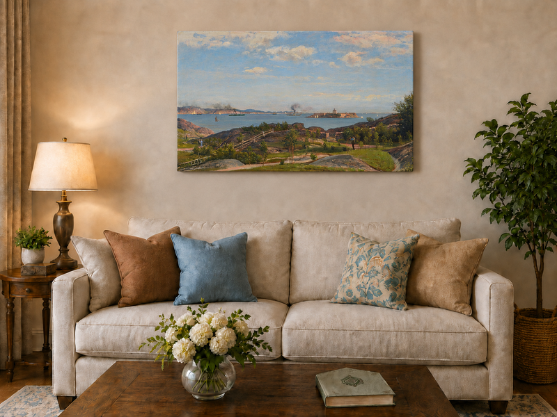 Landscape Oil Painting - Coastal Bay, Ships, Island