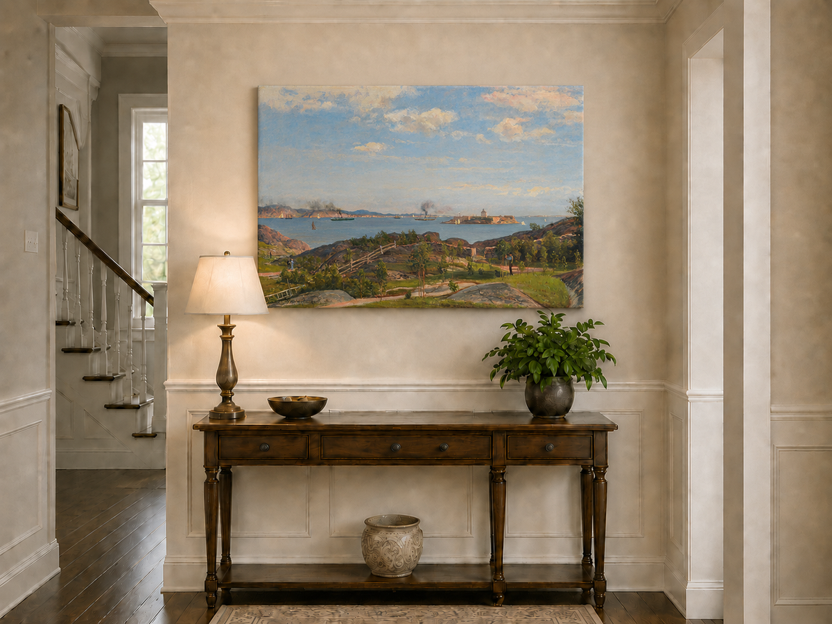 Landscape Oil Painting - Coastal Bay, Ships, Island