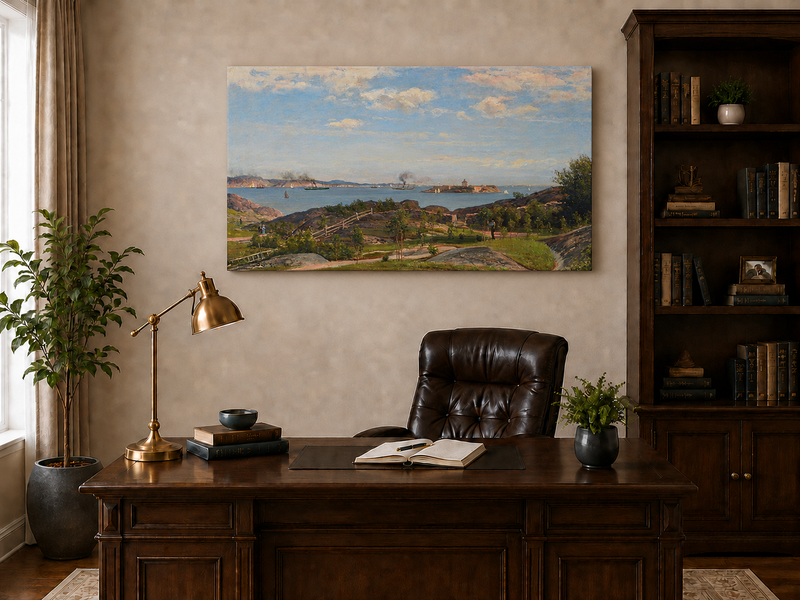 Landscape Oil Painting - Coastal Bay, Ships, Island