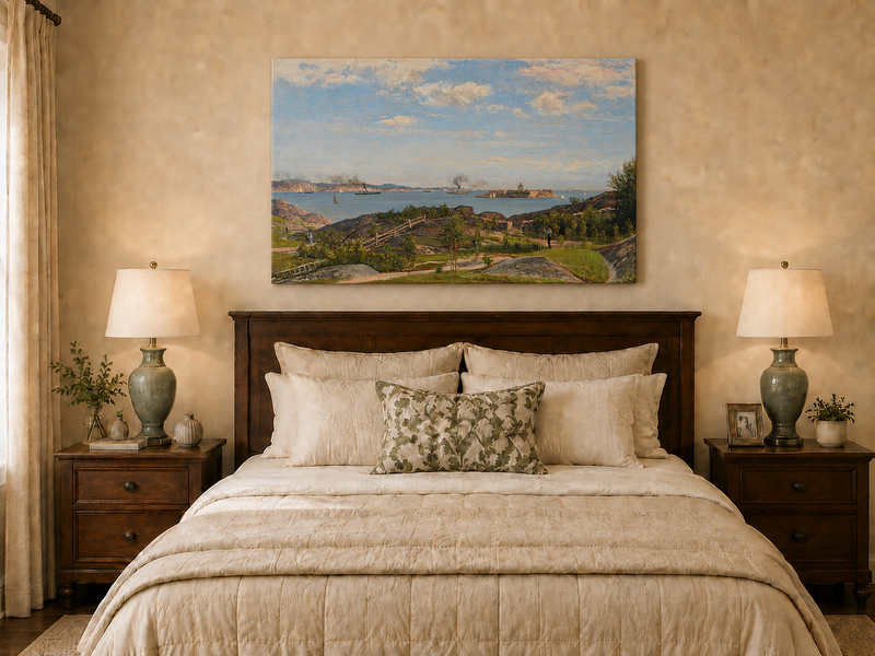 Landscape Oil Painting - Coastal Bay, Ships, Island