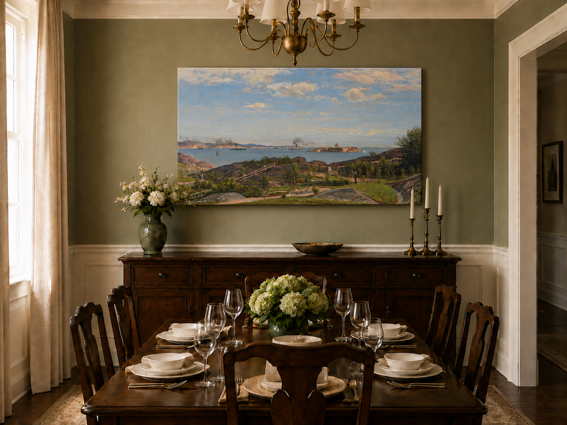 Landscape Oil Painting - Coastal Bay, Ships, Island