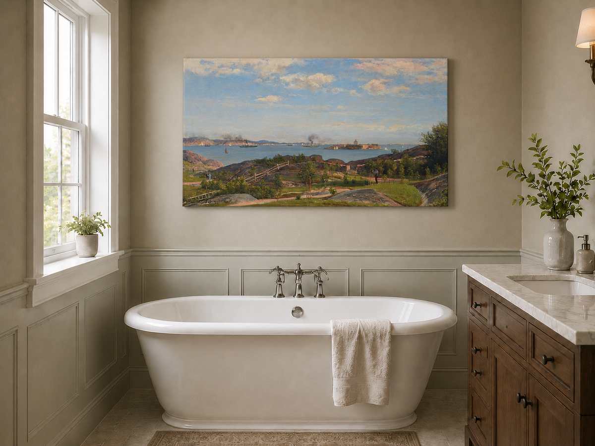 Landscape Oil Painting - Coastal Bay, Ships, Island