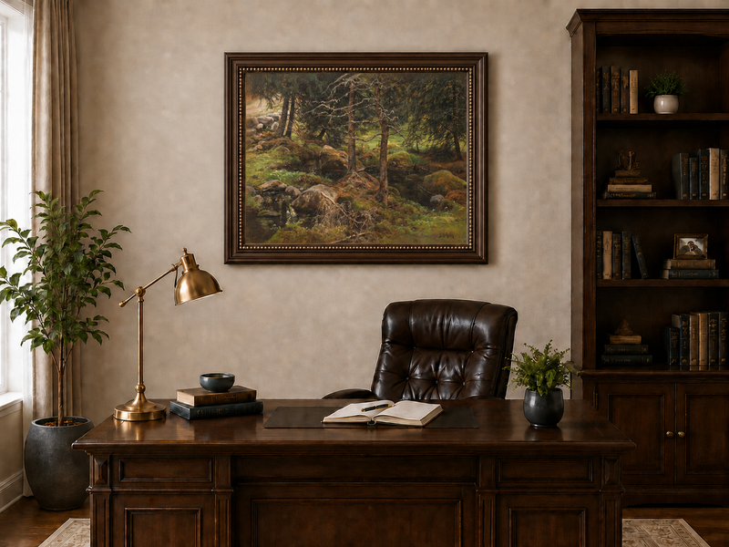 Ölgemälde Landschaft - Stiller Wald Bach, Moosige Felsen