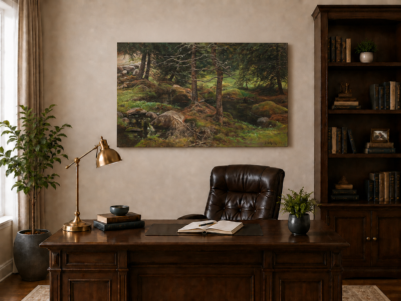 Ölgemälde Landschaft - Stiller Wald Bach, Moosige Felsen