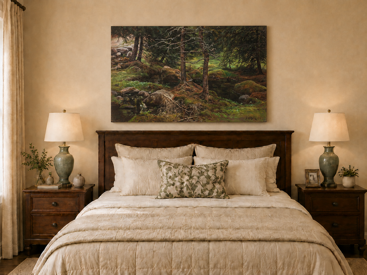 Ölgemälde Landschaft - Stiller Wald Bach, Moosige Felsen