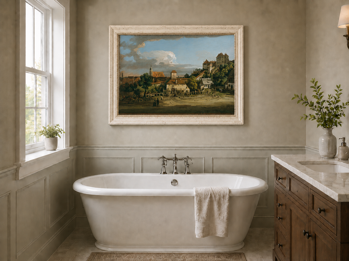 Landscape Oil Painting - Historic Town Gate and Castle View