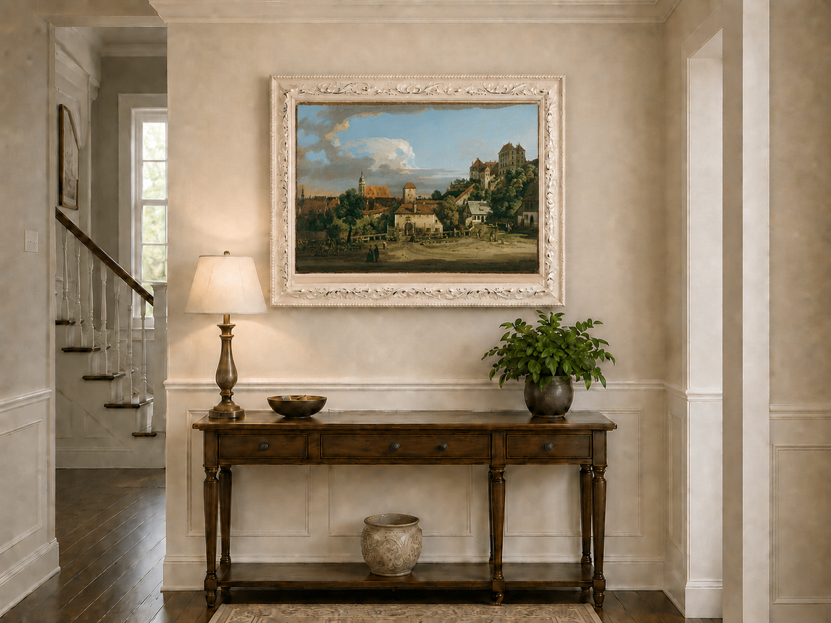 Landscape Oil Painting - Historic Town Gate and Castle View