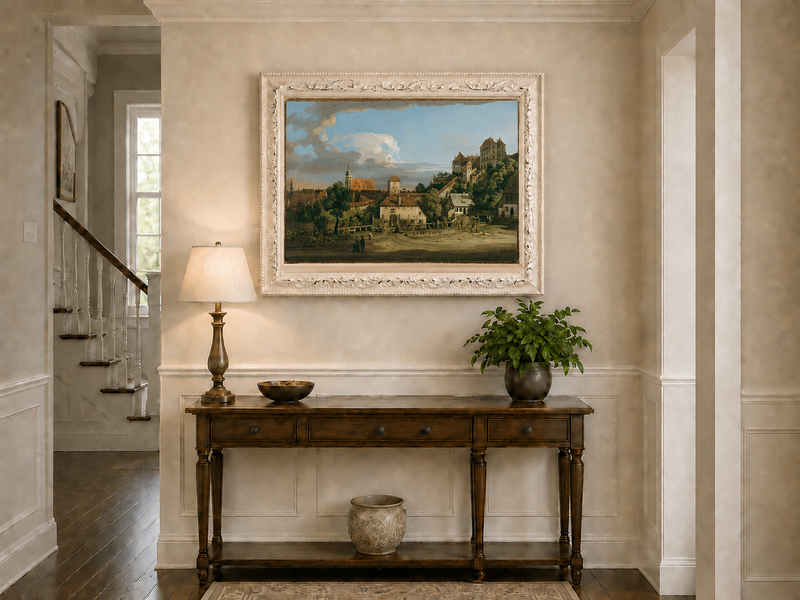 Landscape Oil Painting - Historic Town Gate and Castle View