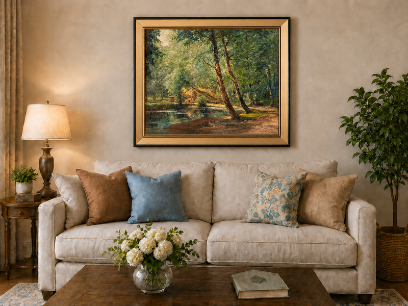 Peinture à l'huile de paysage - Gouffre rocheux spectaculaire avec personnages
