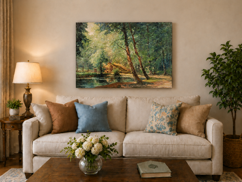 Peinture à l'huile de paysage - Gouffre rocheux spectaculaire avec personnages