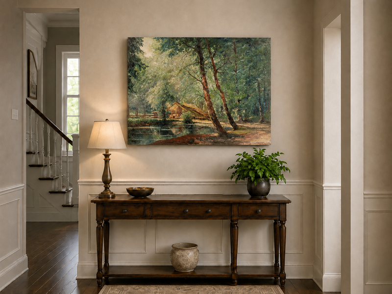 Peinture à l'huile de paysage - Gouffre rocheux spectaculaire avec personnages
