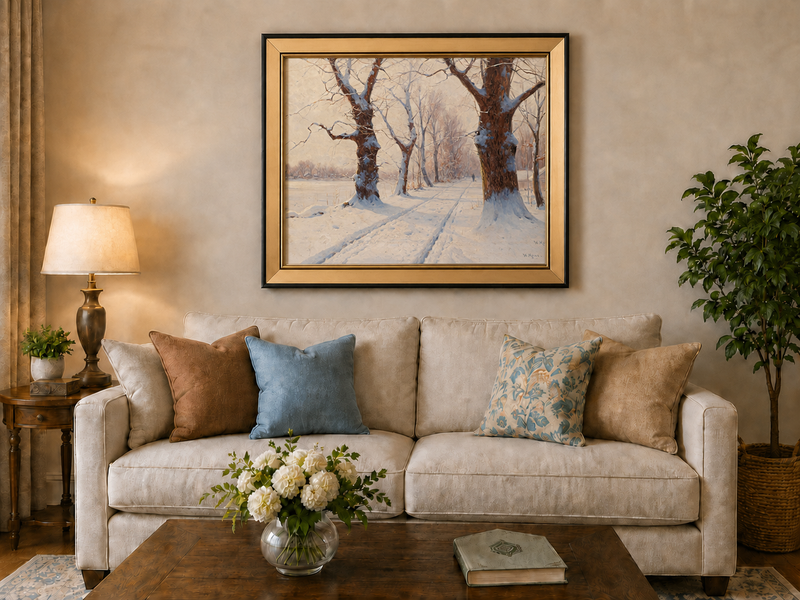 Peinture à l'huile de paysage - Scène de rivière hivernale avec personnages et chevaux