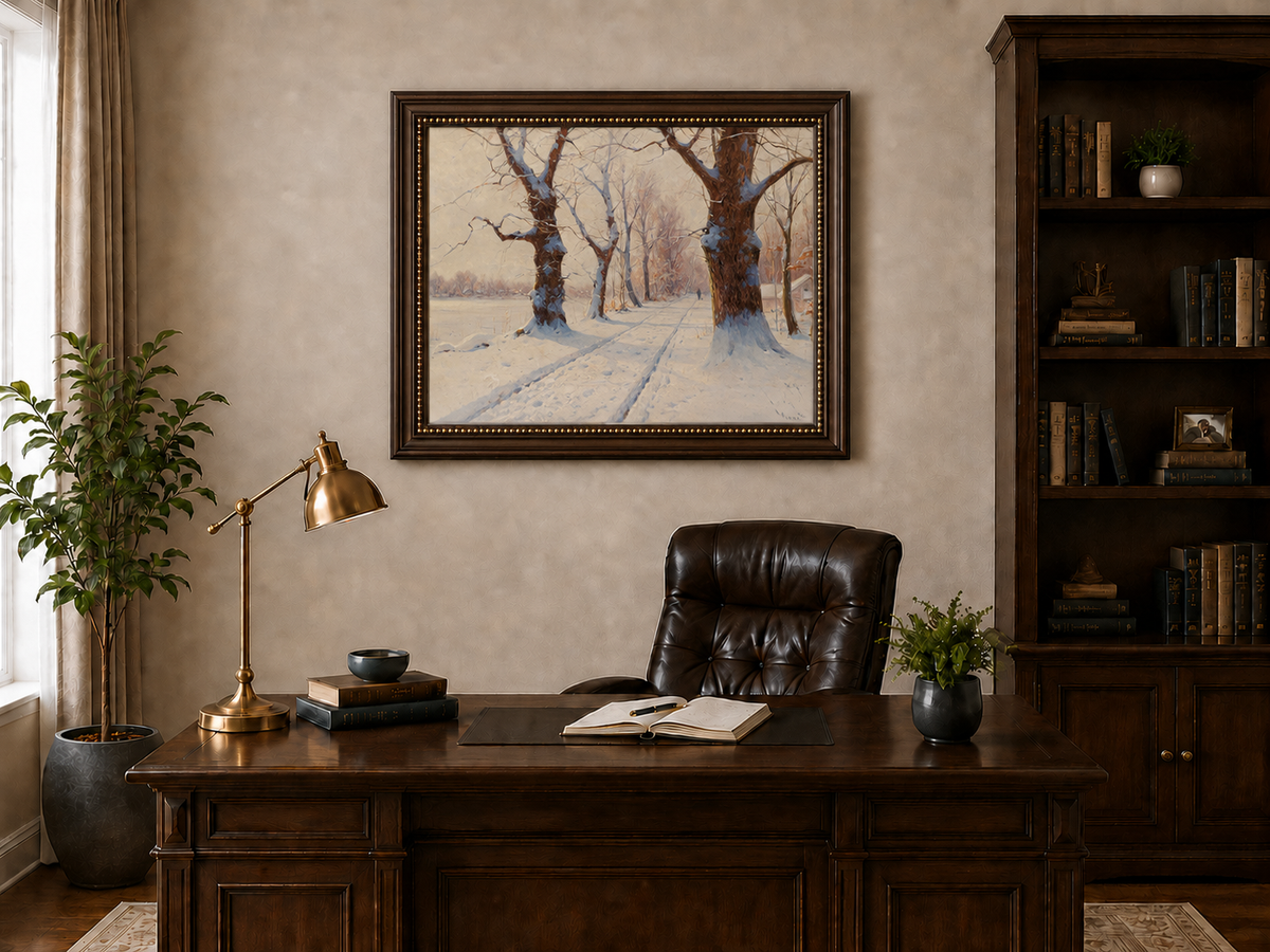 Peinture à l'huile de paysage - Scène de rivière hivernale avec personnages et chevaux