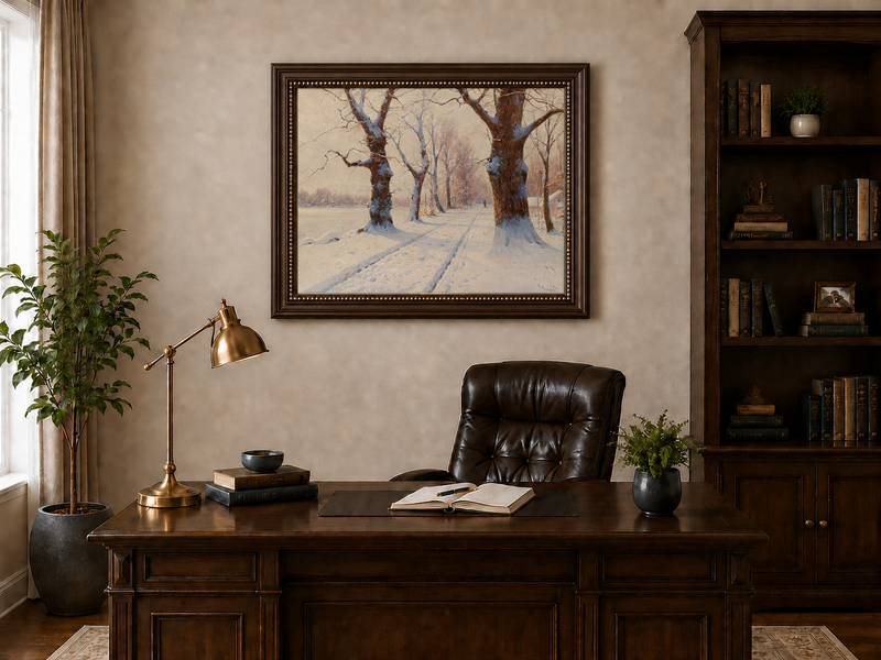 Peinture à l'huile de paysage - Scène de rivière hivernale avec personnages et chevaux