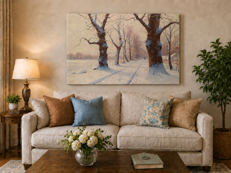 Peinture à l'huile de paysage - Scène de rivière hivernale avec personnages et chevaux