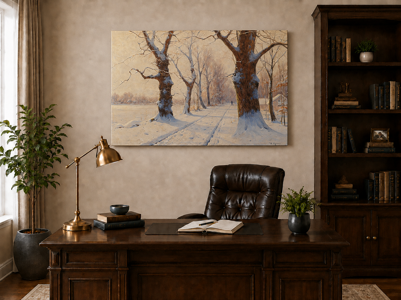 Peinture à l'huile de paysage - Scène de rivière hivernale avec personnages et chevaux