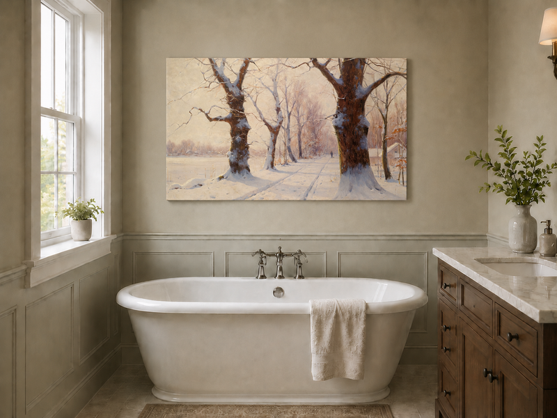 Peinture à l'huile de paysage - Scène de rivière hivernale avec personnages et chevaux