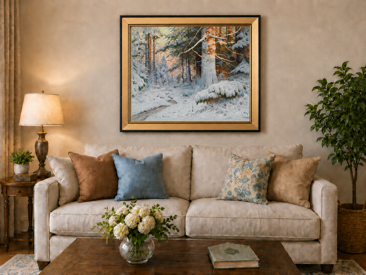 Peinture à l'huile de paysage - Scène de rivière hivernale avec personnages et chevaux