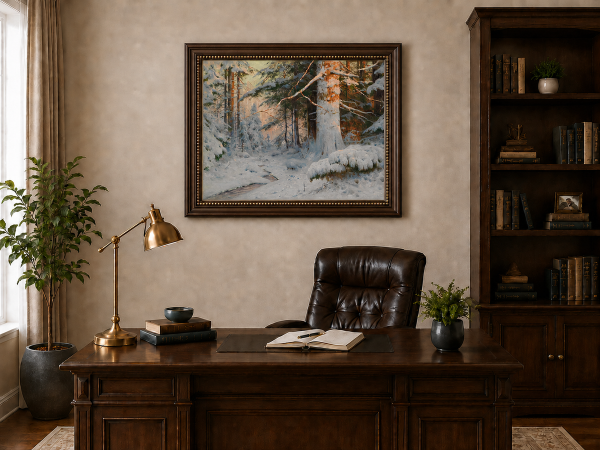 Peinture à l'huile de paysage - Scène de rivière hivernale avec personnages et chevaux