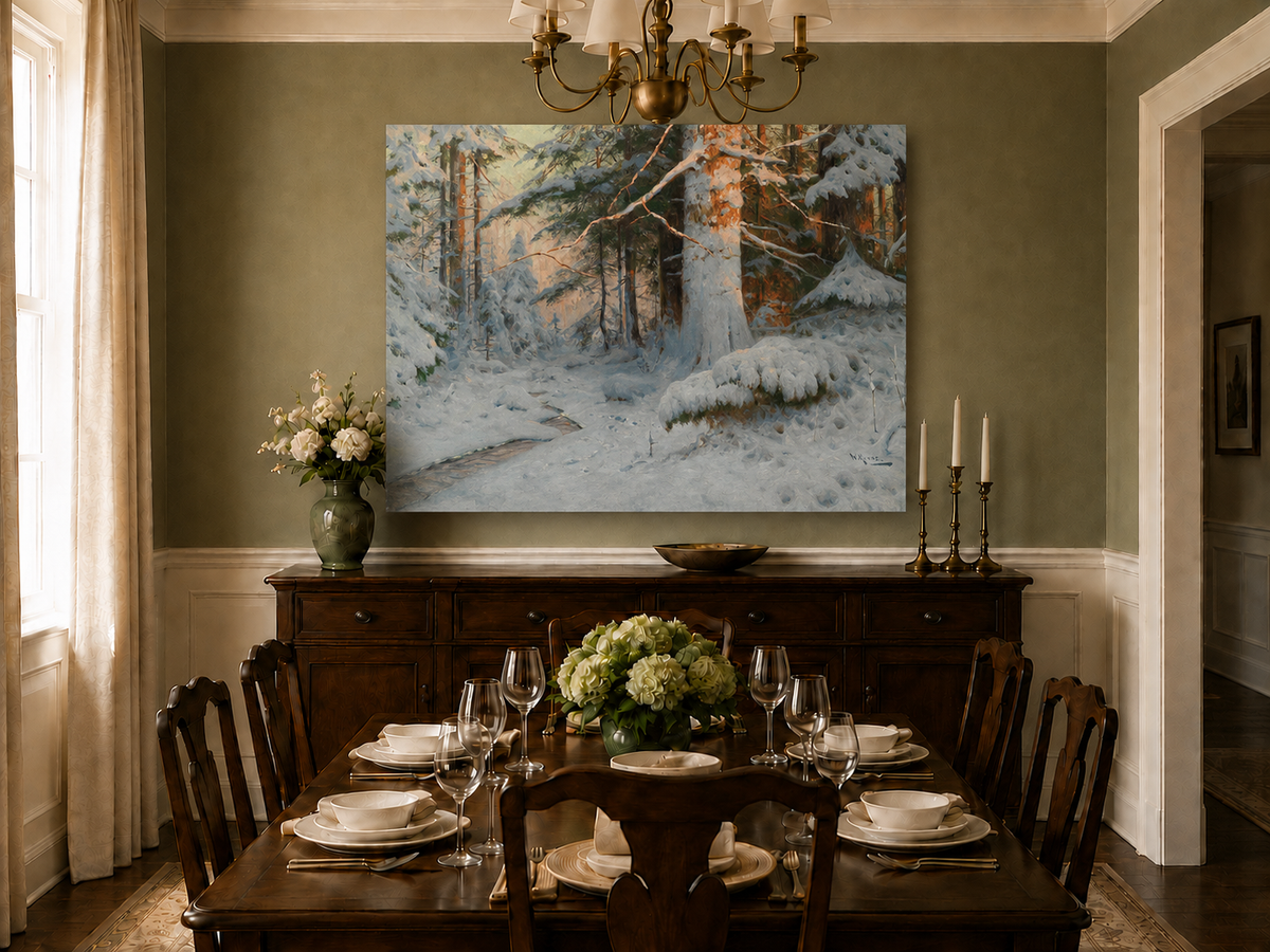 Peinture à l'huile de paysage - Scène de rivière hivernale avec personnages et chevaux