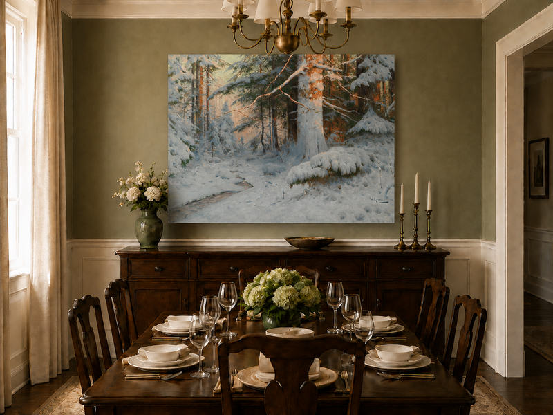 Peinture à l'huile de paysage - Scène de rivière hivernale avec personnages et chevaux