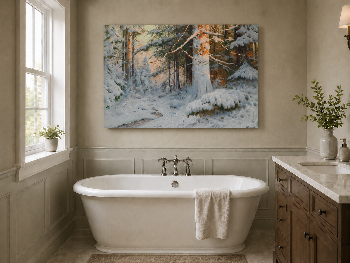 Peinture à l'huile de paysage - Scène de rivière hivernale avec personnages et chevaux