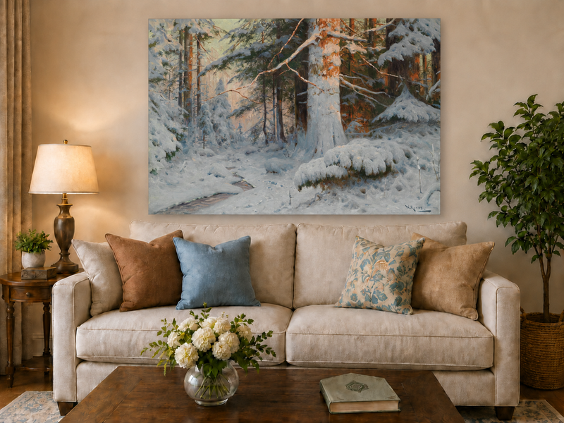 Peinture à l'huile de paysage - Scène de rivière hivernale avec personnages et chevaux