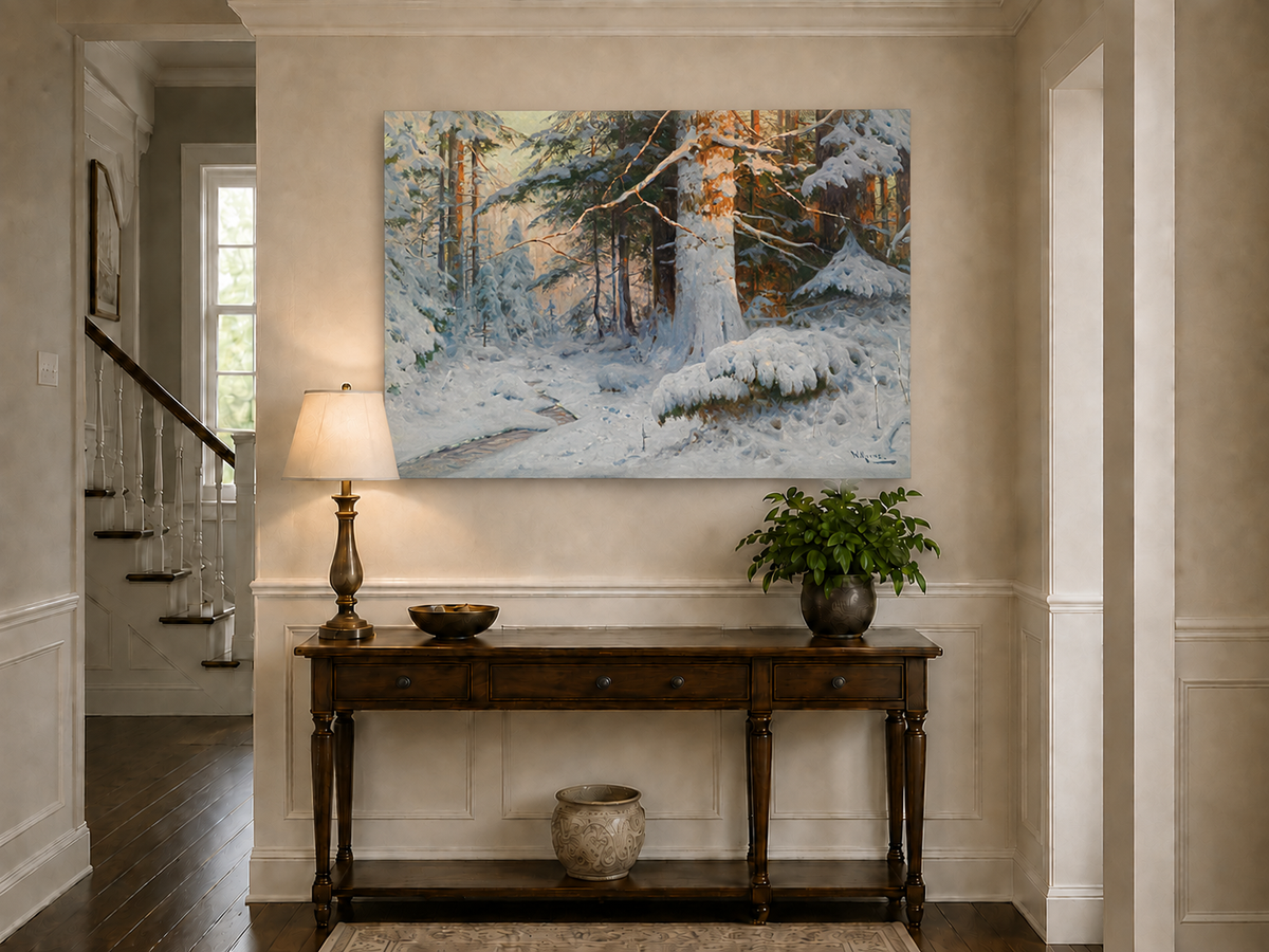 Peinture à l'huile de paysage - Scène de rivière hivernale avec personnages et chevaux