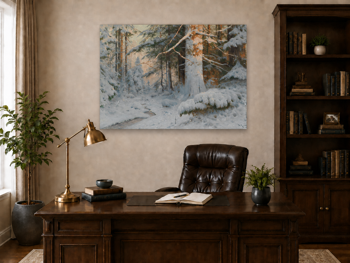 Peinture à l'huile de paysage - Scène de rivière hivernale avec personnages et chevaux