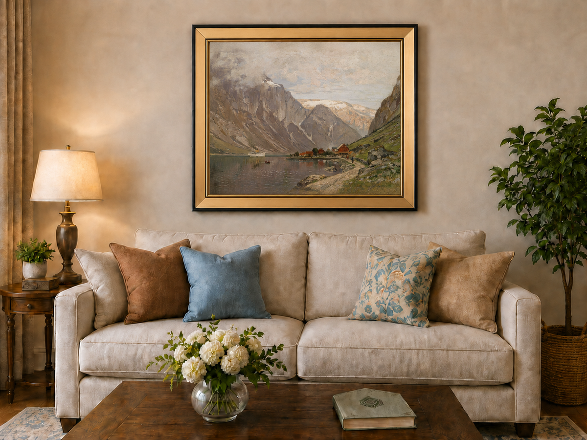 Peinture à l'huile de paysage - Village de fjord de montagne au bord d'un lac calme