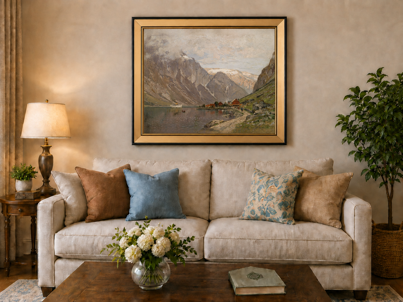 Peinture à l'huile de paysage - Village de fjord de montagne au bord d'un lac calme